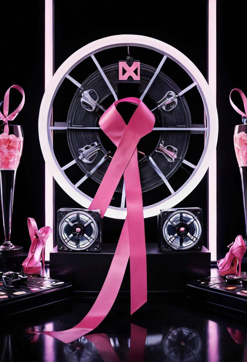 A striking composition featuring a cancer awareness ribbon intertwined with elements of the adult entertainment industry, such as film reels and fashion accessories, set against a backdrop of a dimly lit nightclub. The scene should evoke a sense of depth, highlighting both the serious topic of cancer and the lively nature of adult entertainment. Include soft lighting to create a contrasting yet harmonious atmosphere. vibrant colors. cinematic style.