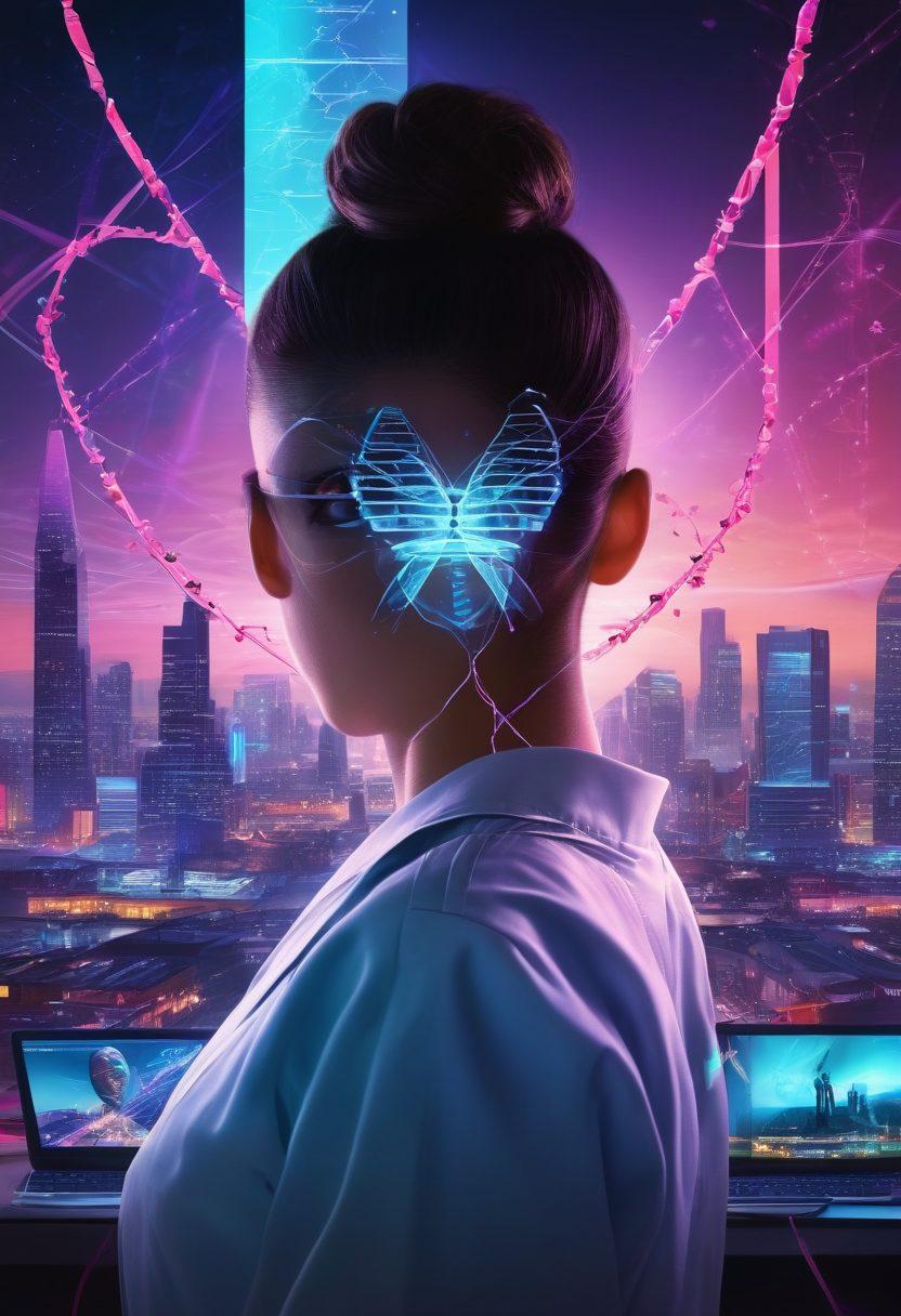 A dynamic and inspiring collage representing the intersection of technology and cancer research, featuring a glowing computer screen displaying a DNA strand, diverse medical professionals collaborating around it, and symbols of hope like ribbons and hearts. The backdrop should include a vibrant cityscape with a futuristic touch, reflecting innovation in the XXX industry. super-realistic. vibrant colors. cyberpunk.